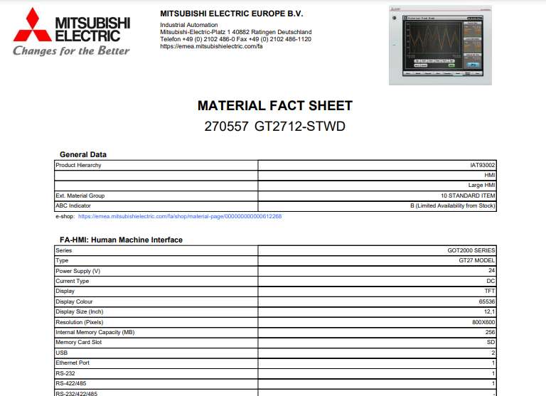 Mitsubishi GOT2000 GT2712-STWD 12.1  100005906  Touch Panel
