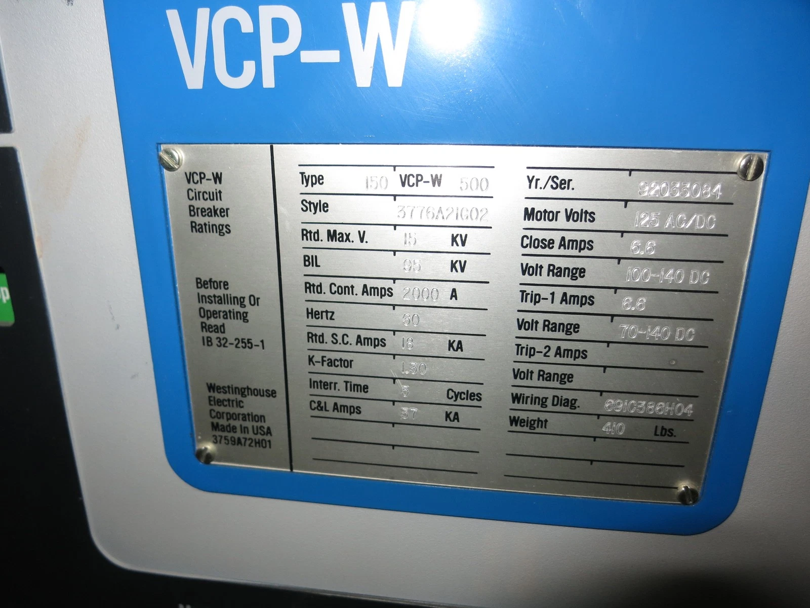 Westinghouse 150VCP-W500 | Medium Voltage Vacuum Circuit Breaker | Power Grid Maintenance Replacement Parts jpg